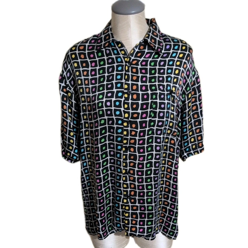 Genelli Men's Silk Short Sleeve Black Square Multicolored. Button Down Shirt